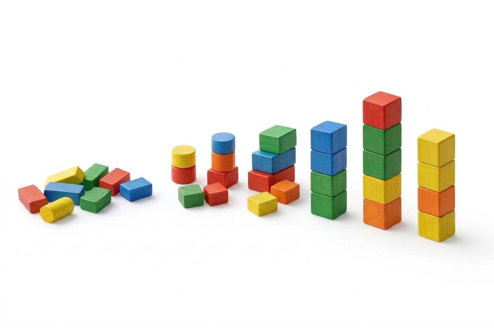 散らばったブロックが一つずつ積み上がり、構造物になっていく